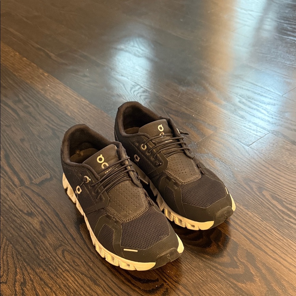 On Running Charcoal and White Athletic Shoes